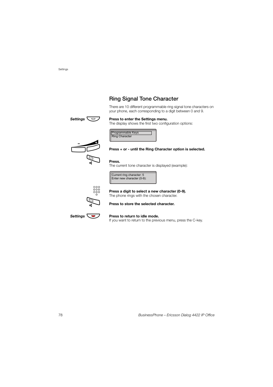 Ring signal tone character | Ericsson 4422 User Manual | Page 78 / 128