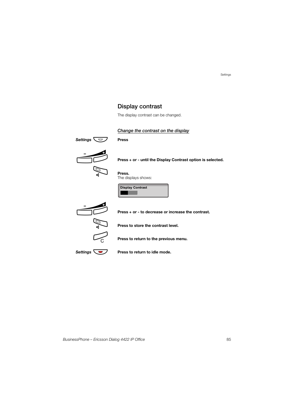 Display contrast, Change the contrast on the display | Ericsson 4422 User Manual | Page 85 / 128