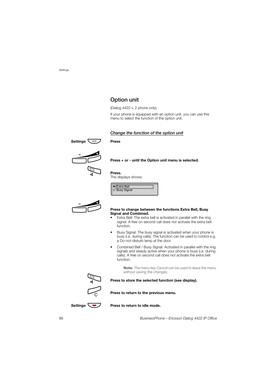 Option unit, Change the function of the option unit | Ericsson 4422 User Manual | Page 86 / 128