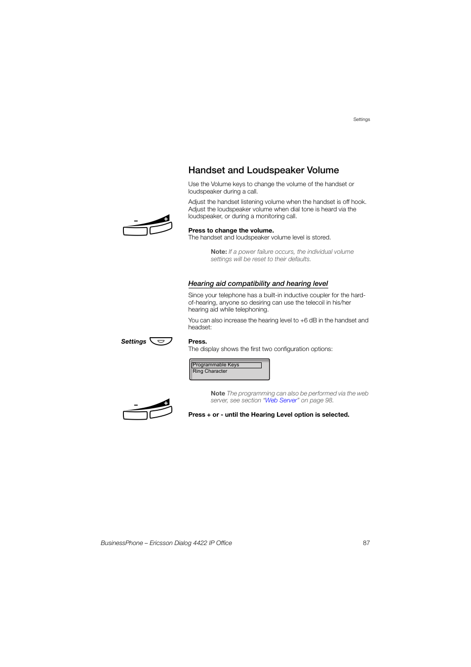 Handset and loudspeaker volume, Hearing aid compatibility andhearinglevel, Handset | And loudspeaker volume | Ericsson 4422 User Manual | Page 87 / 128