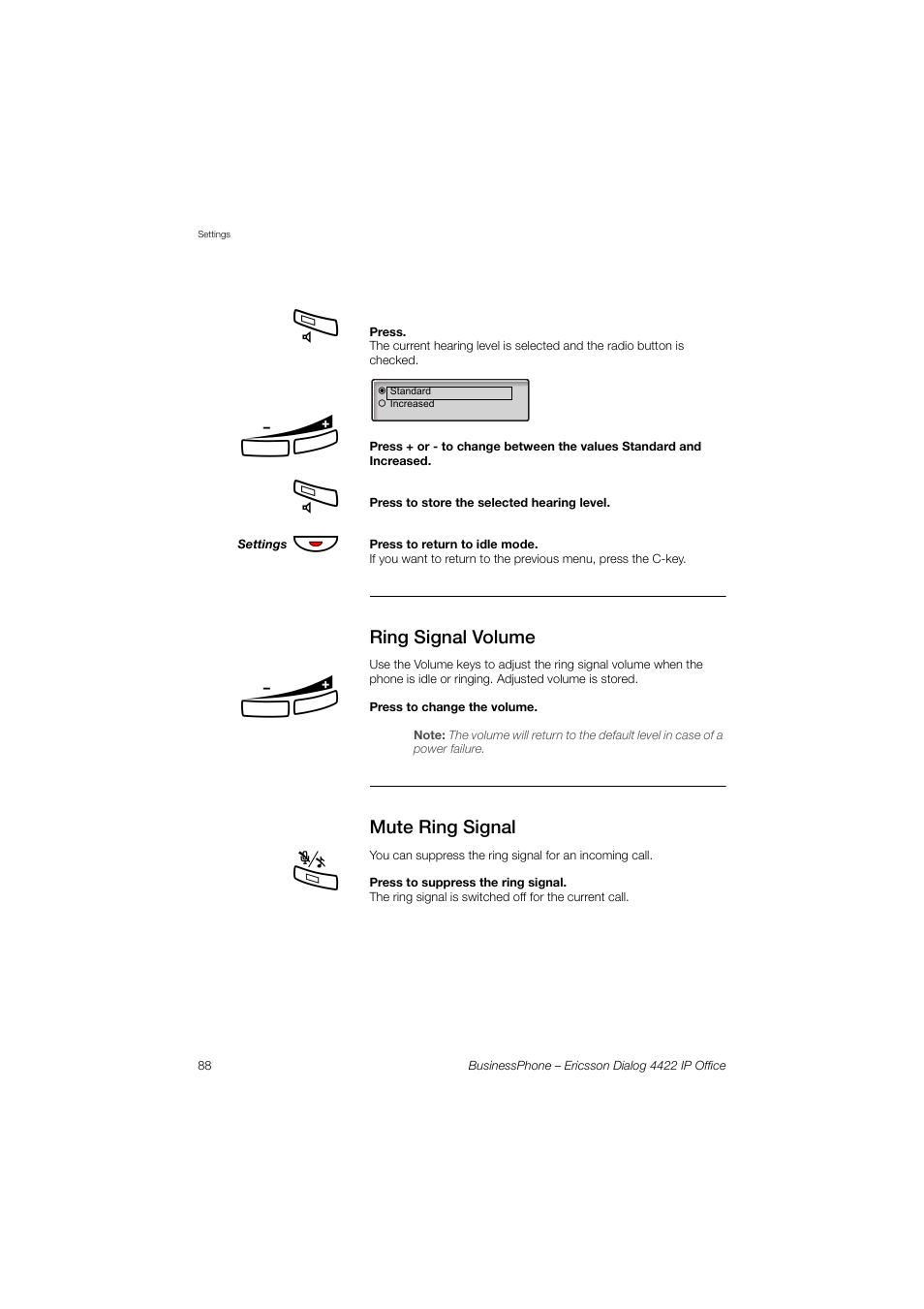 Ring signal volume, Mute ring signal | Ericsson 4422 User Manual | Page 88 / 128
