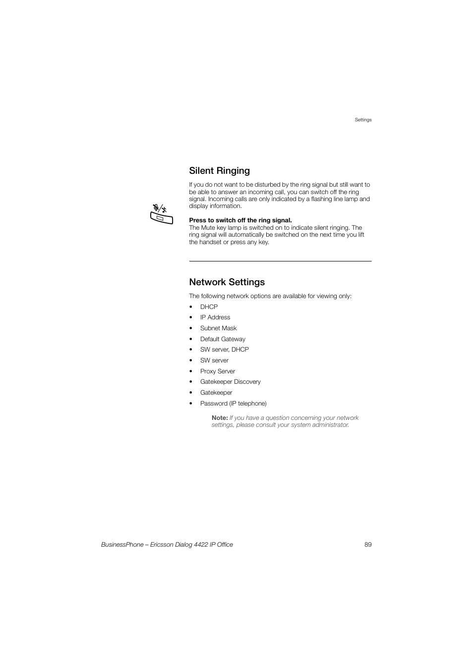 Silent ringing, Network settings | Ericsson 4422 User Manual | Page 89 / 128