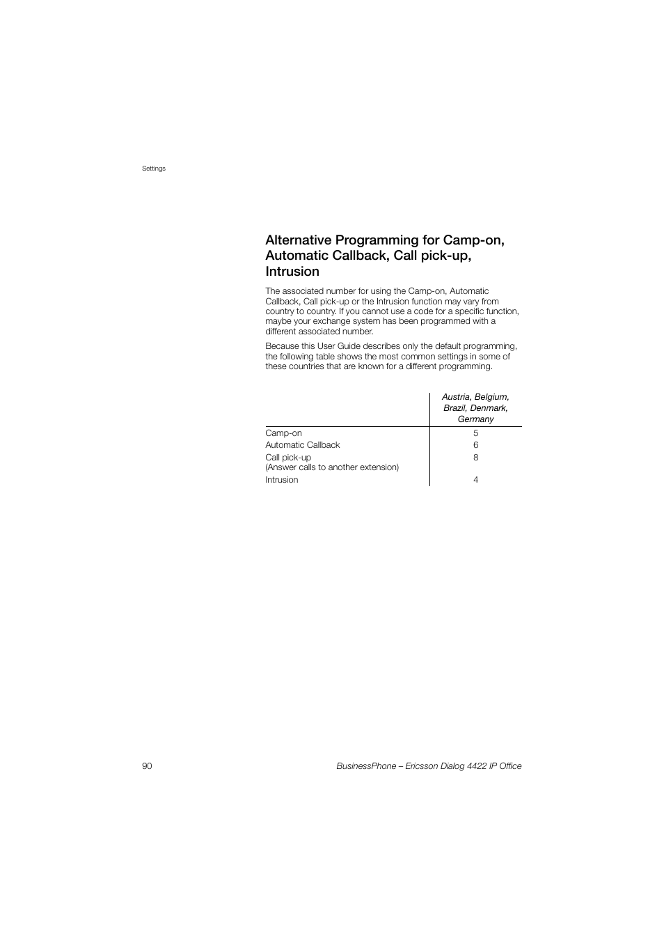 Alternative, Up, intrusion, Alternative programming for | Table, Alternative programming for camp-on, Automatic callback, call pick-up, intrusion | Ericsson 4422 User Manual | Page 90 / 128