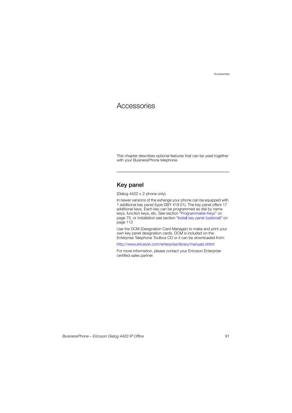 Accessories, Key panel, Tion | Ction, Panel | Ericsson 4422 User Manual | Page 91 / 128