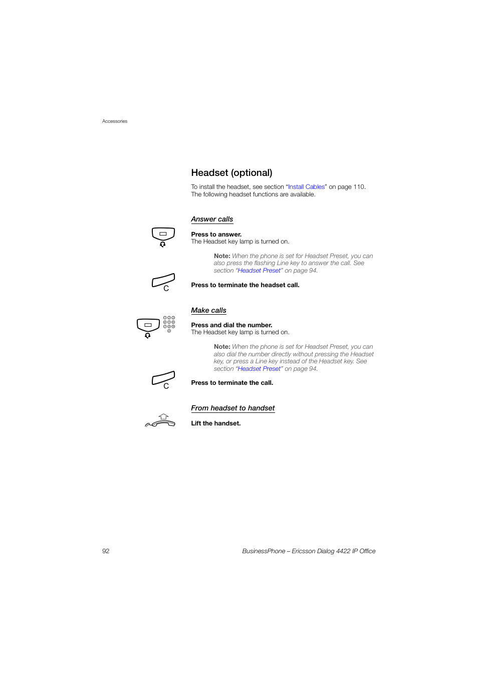 Headset (optional), Answer calls, Make calls | From headset to handset | Ericsson 4422 User Manual | Page 92 / 128