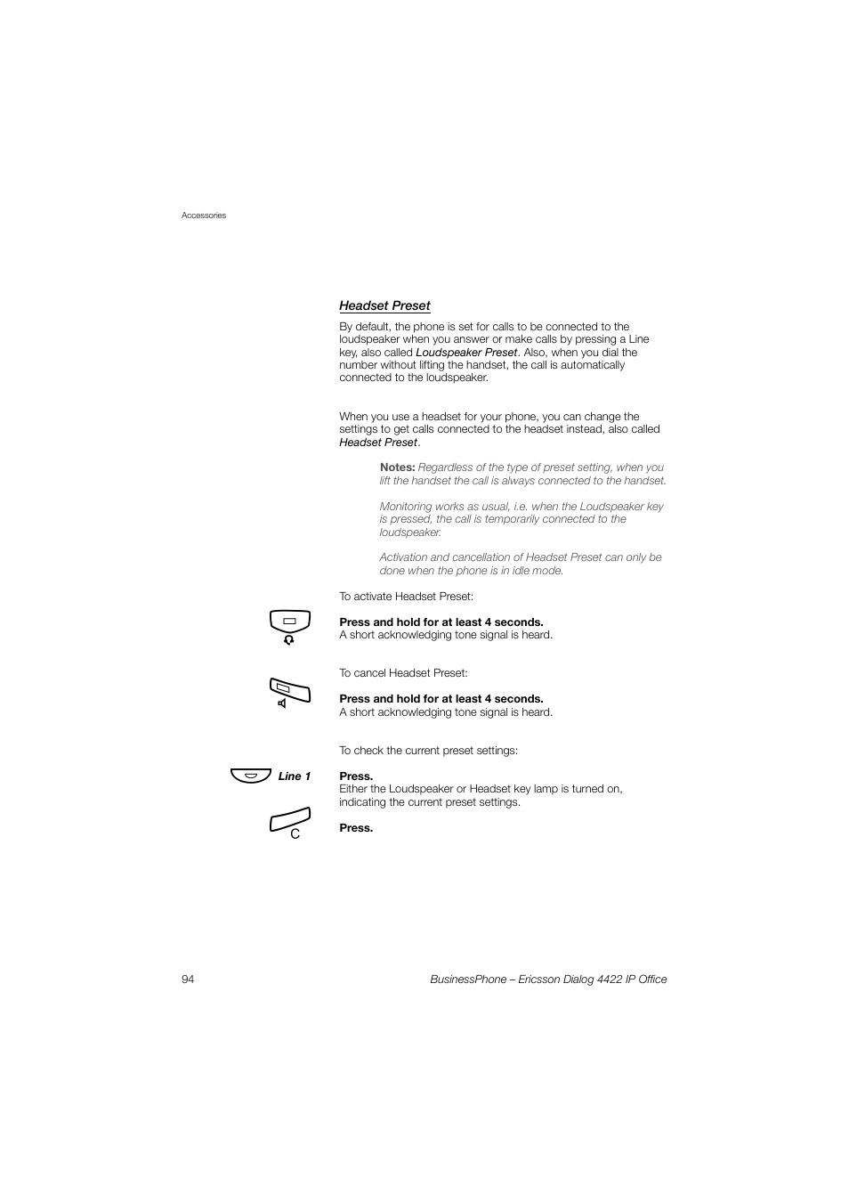Headset preset, Ction | Ericsson 4422 User Manual | Page 94 / 128