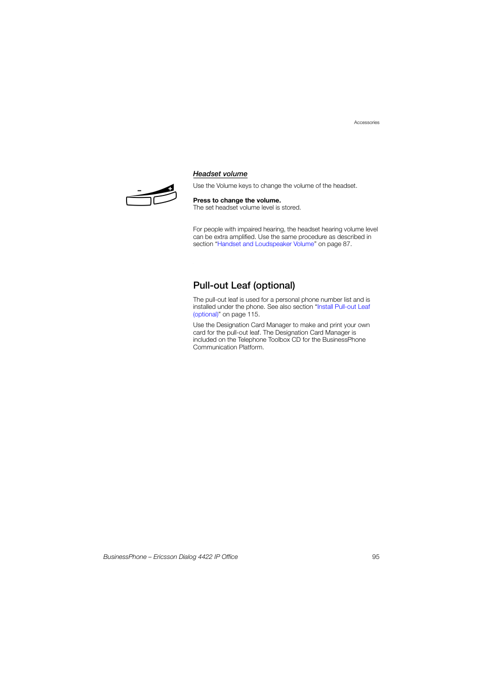 Headset volume, Pull-out leaf (optional) | Ericsson 4422 User Manual | Page 95 / 128