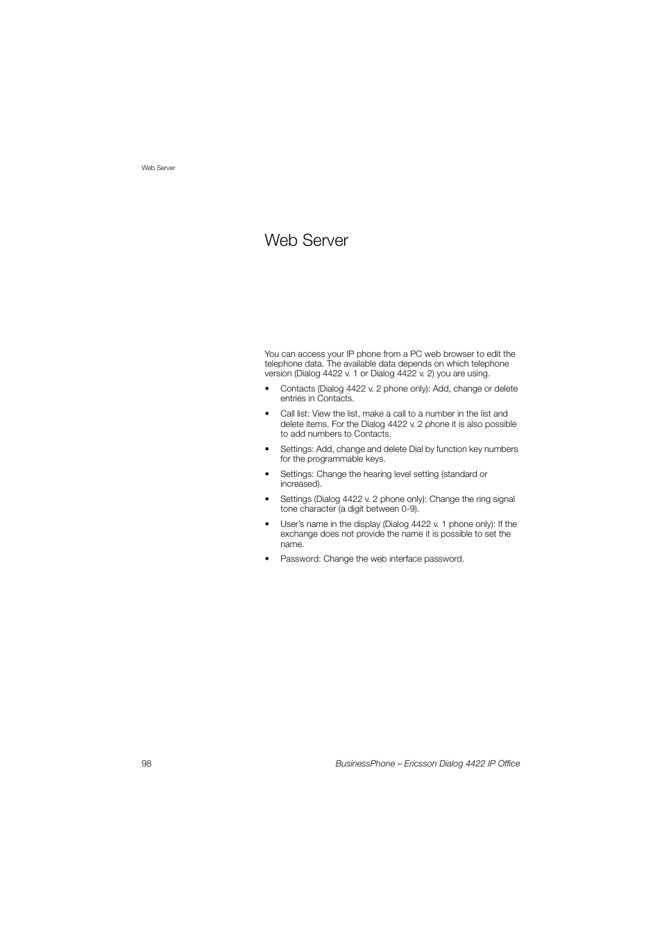 Web server | Ericsson 4422 User Manual | Page 98 / 128