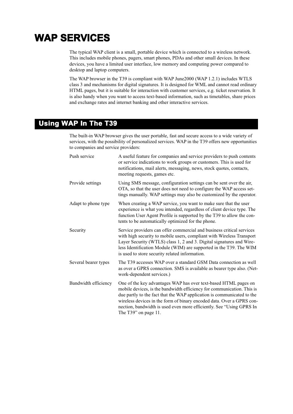 Wap services, Using wap in the t39 | Ericsson T39 User Manual | Page 12 / 59