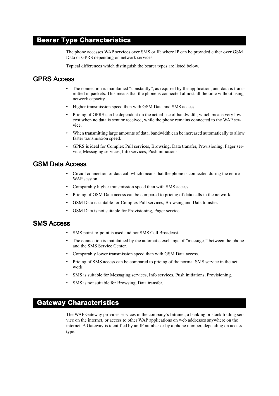Bearer type characteristics, Gateway characteristics | Ericsson T39 User Manual | Page 14 / 59