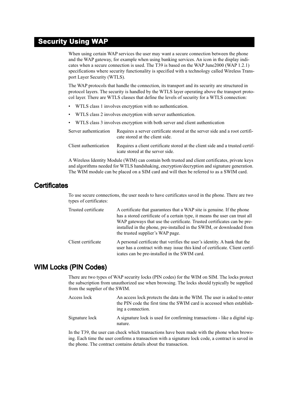 Security using wap | Ericsson T39 User Manual | Page 15 / 59
