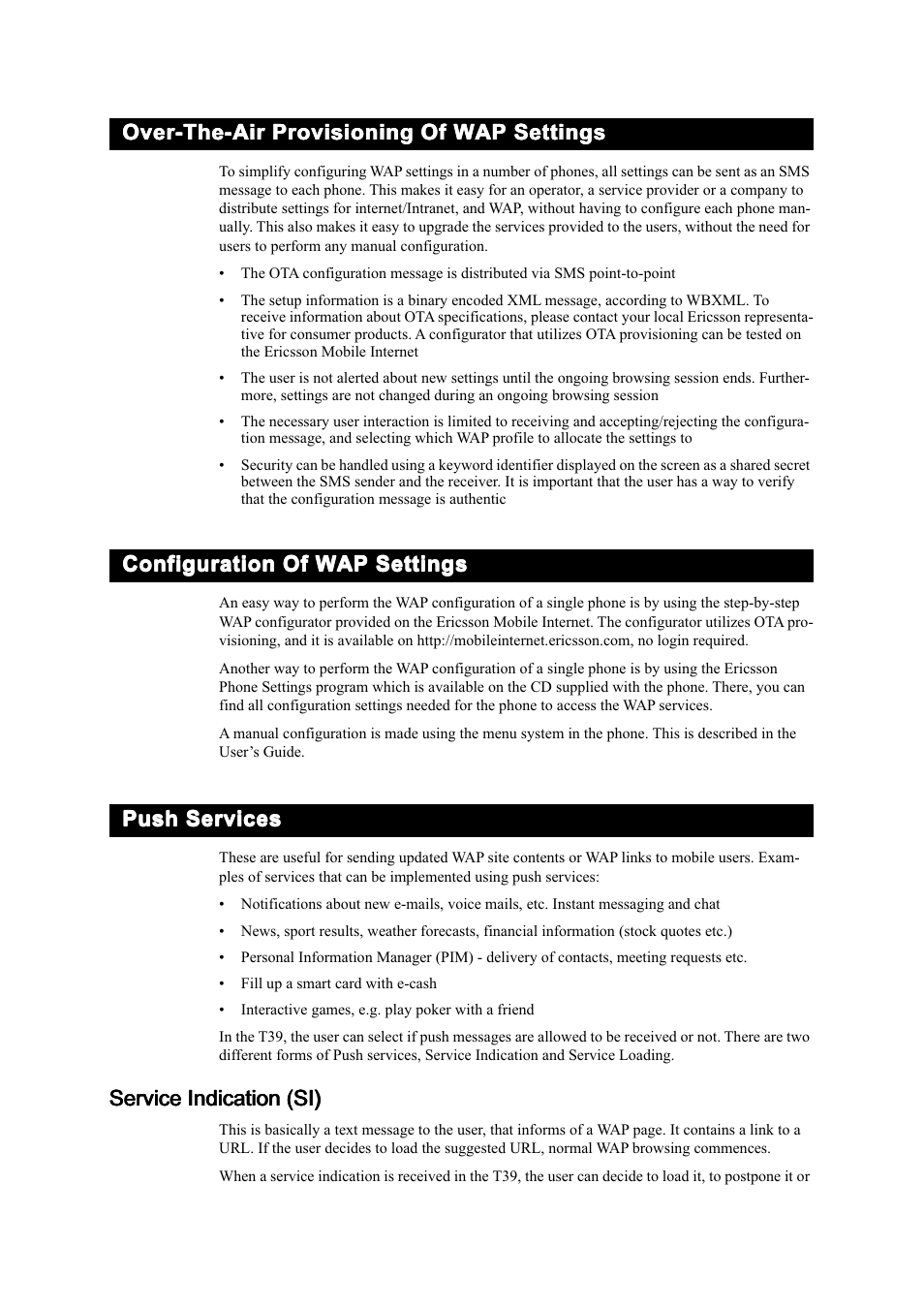 Over-the-air provisioning of wap settings, Configuration of wap settings, Push services | Ericsson T39 User Manual | Page 16 / 59