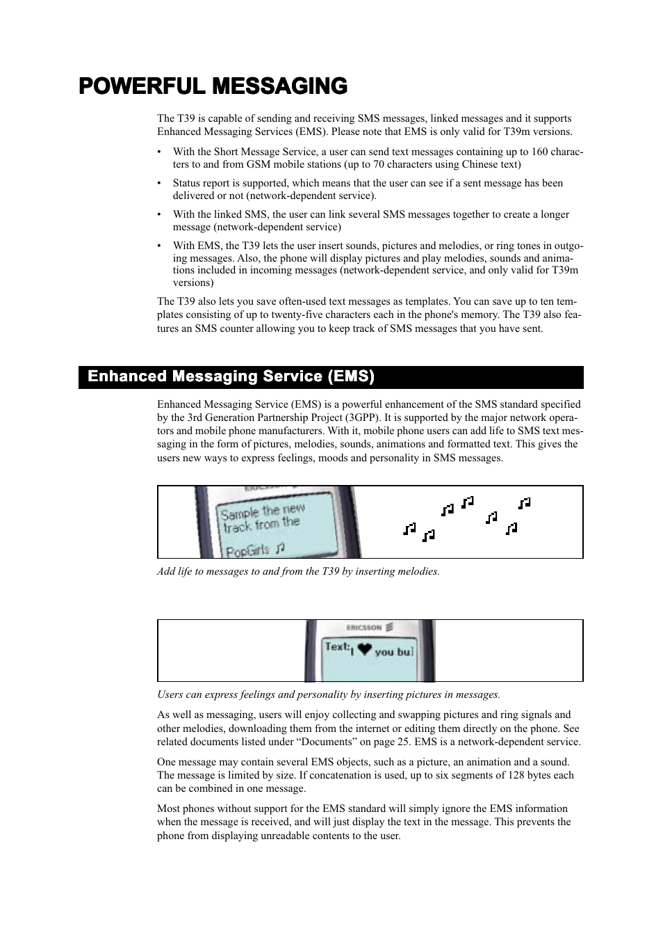 Powerful messaging, Enhanced messaging service (ems) | Ericsson T39 User Manual | Page 18 / 59