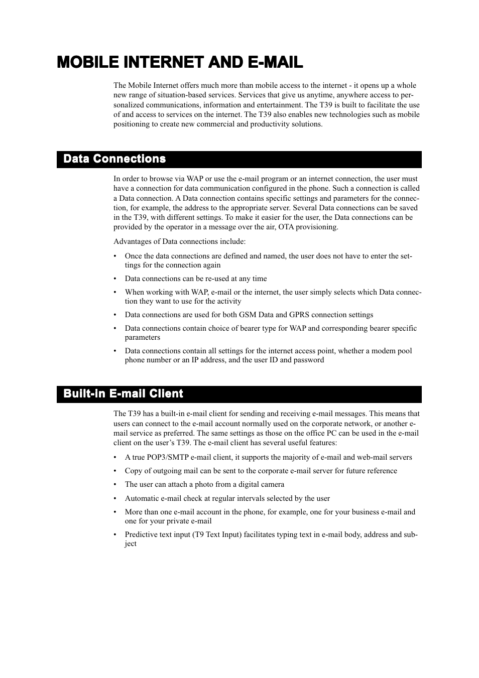 Mobile internet and e-mail, Data connections, Built-in e-mail client | Data connections built-in e-mail client | Ericsson T39 User Manual | Page 20 / 59