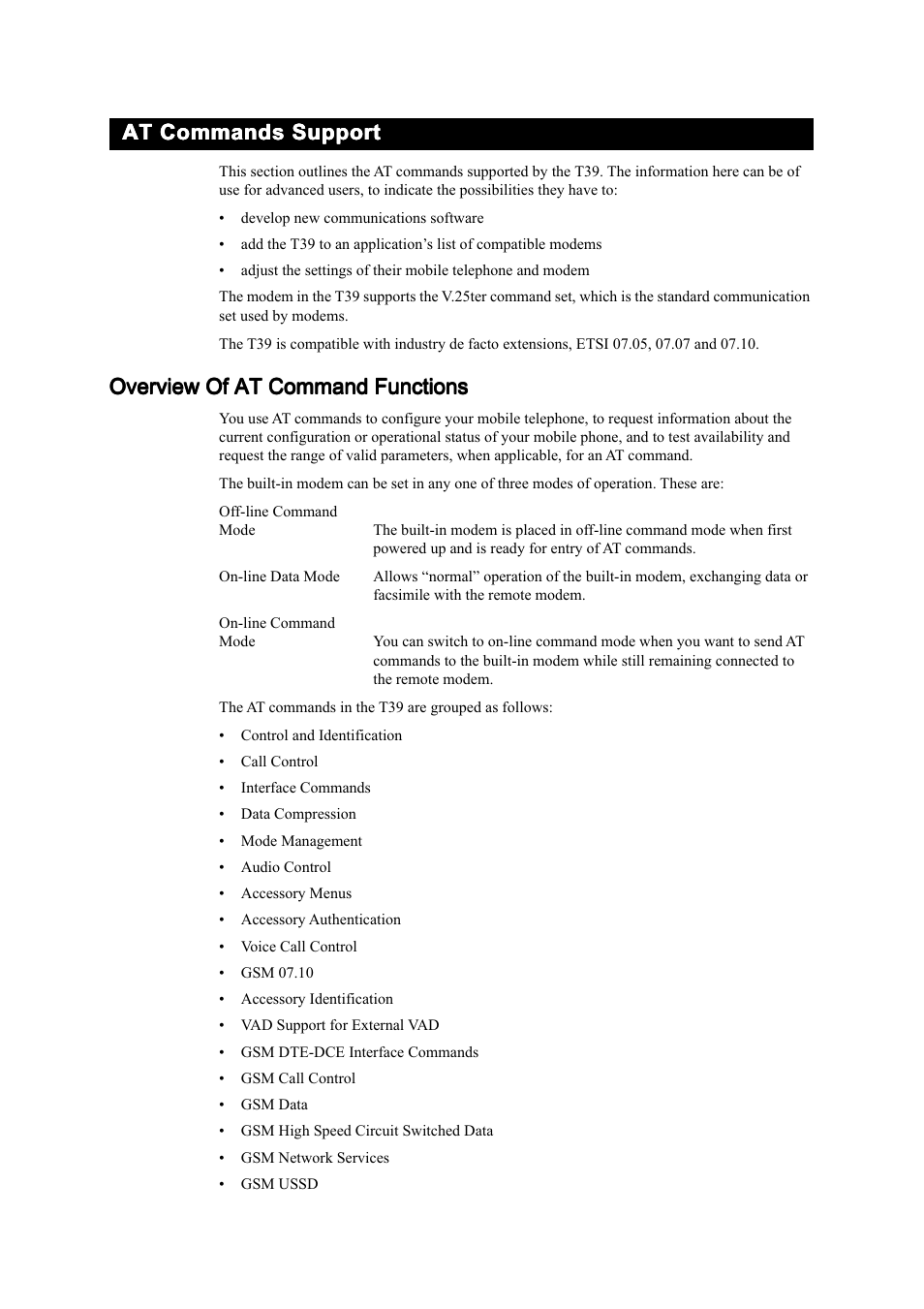At commands support | Ericsson T39 User Manual | Page 23 / 59