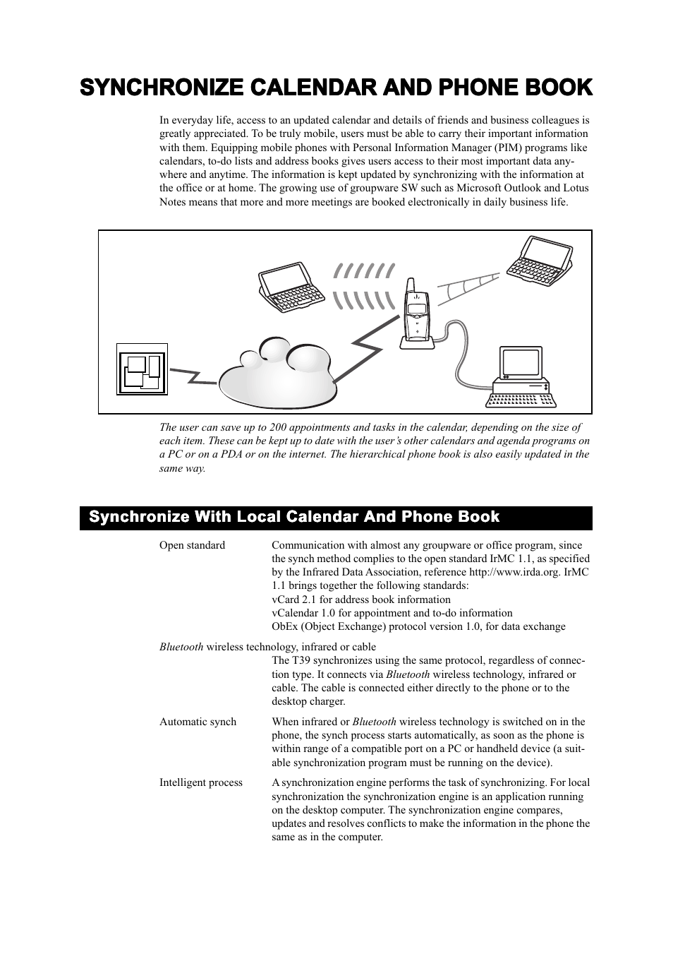 Synchronize calendar and phone book, Synchronize with local calendar and phone book, Synchronize calendar and phone book 25 | Ericsson T39 User Manual | Page 25 / 59