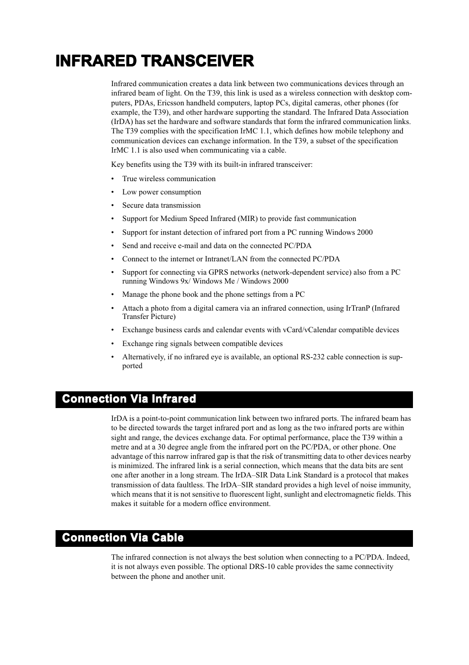 Infrared transceiver, Connection via infrared, Connection via cable | Connection via infrared connection via cable | Ericsson T39 User Manual | Page 29 / 59