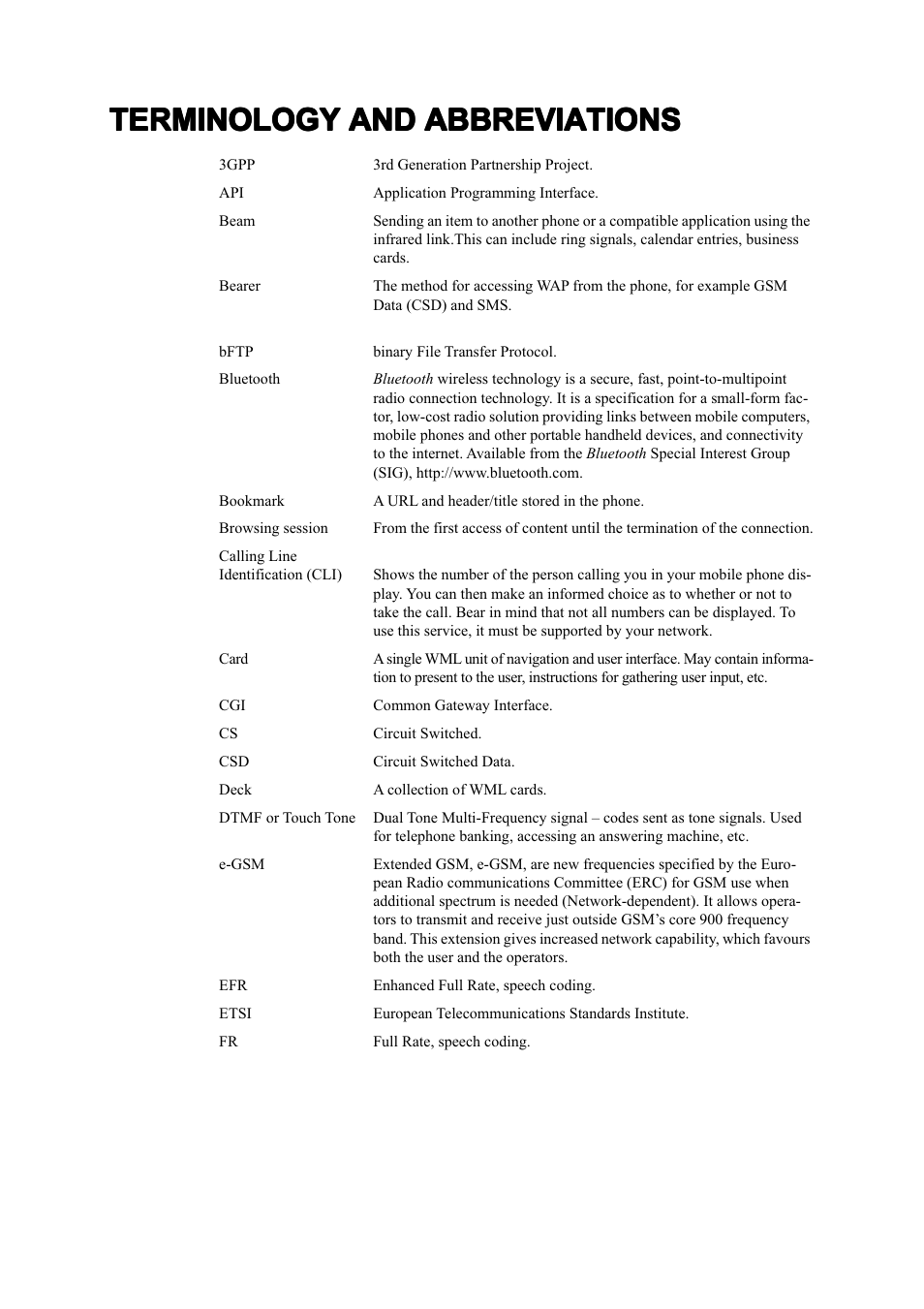 Terminology and abbreviations | Ericsson T39 User Manual | Page 40 / 59