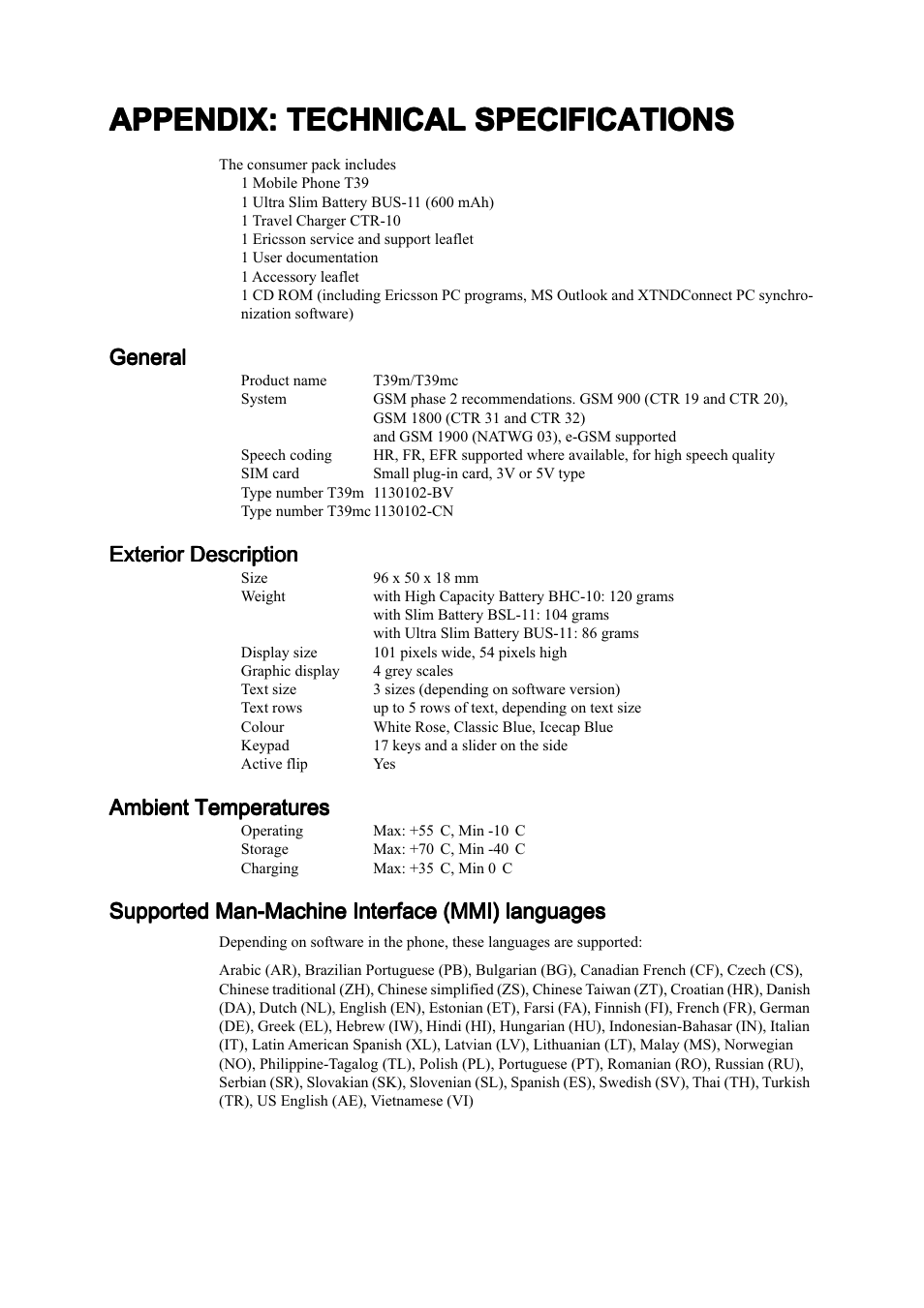 Appendix: technical specifications | Ericsson T39 User Manual | Page 45 / 59