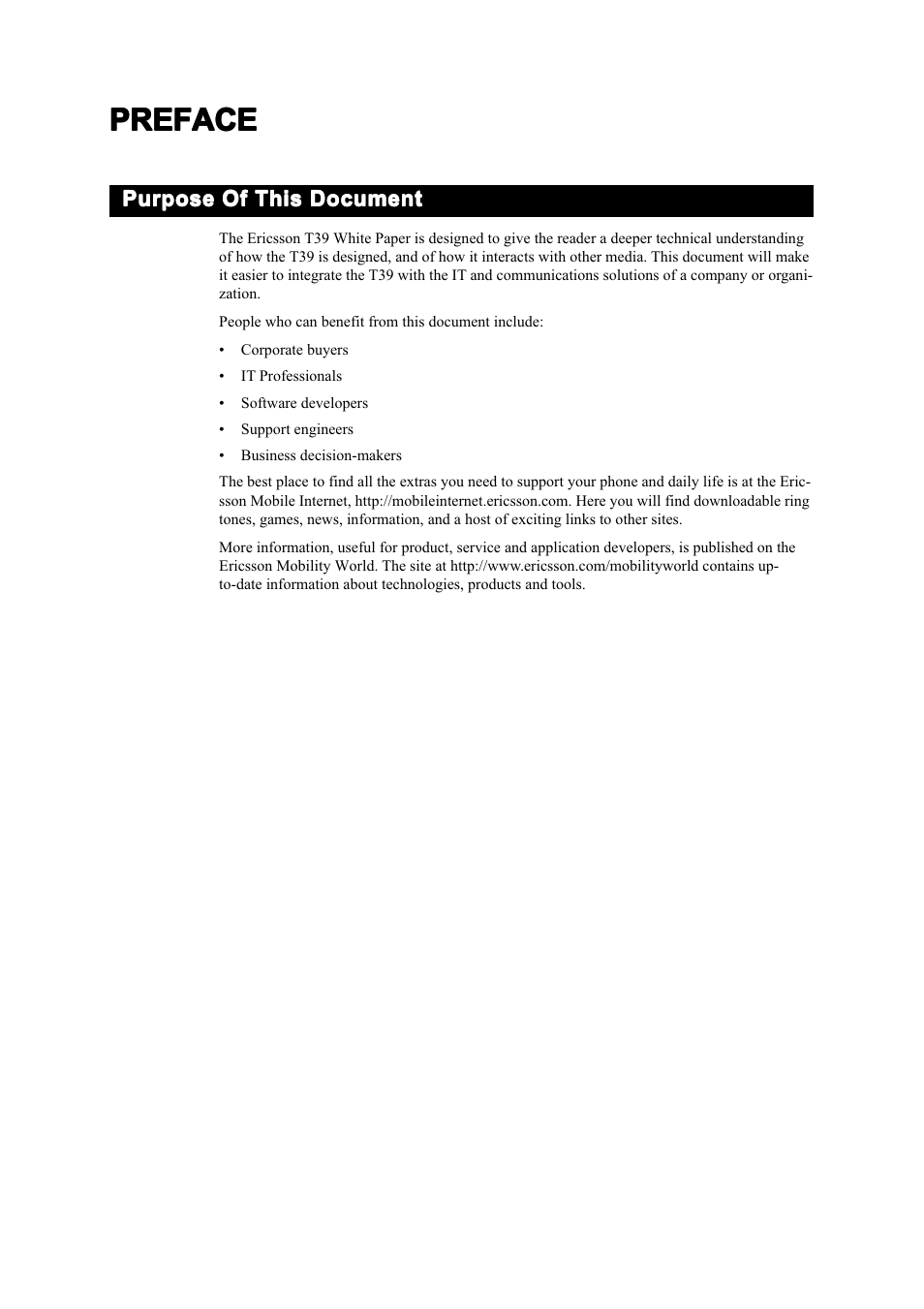 Preface, Purpose of this document, P p p pr r r re e e ef f f fa a a ac c c ce e e e | Ericsson T39 User Manual | Page 5 / 59