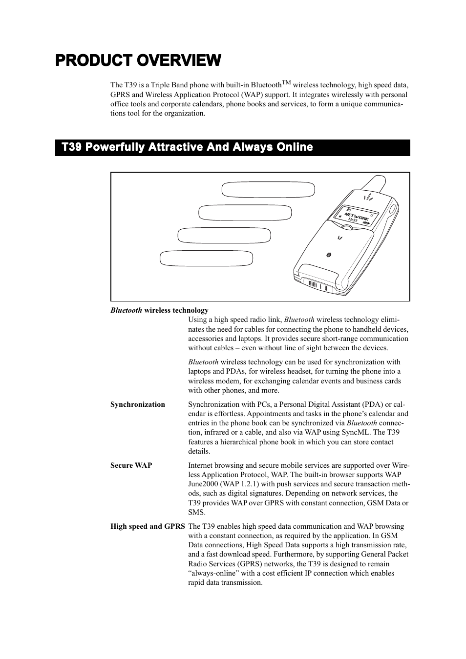 Product overview, T39 powerfully attractive and always online | Ericsson T39 User Manual | Page 6 / 59