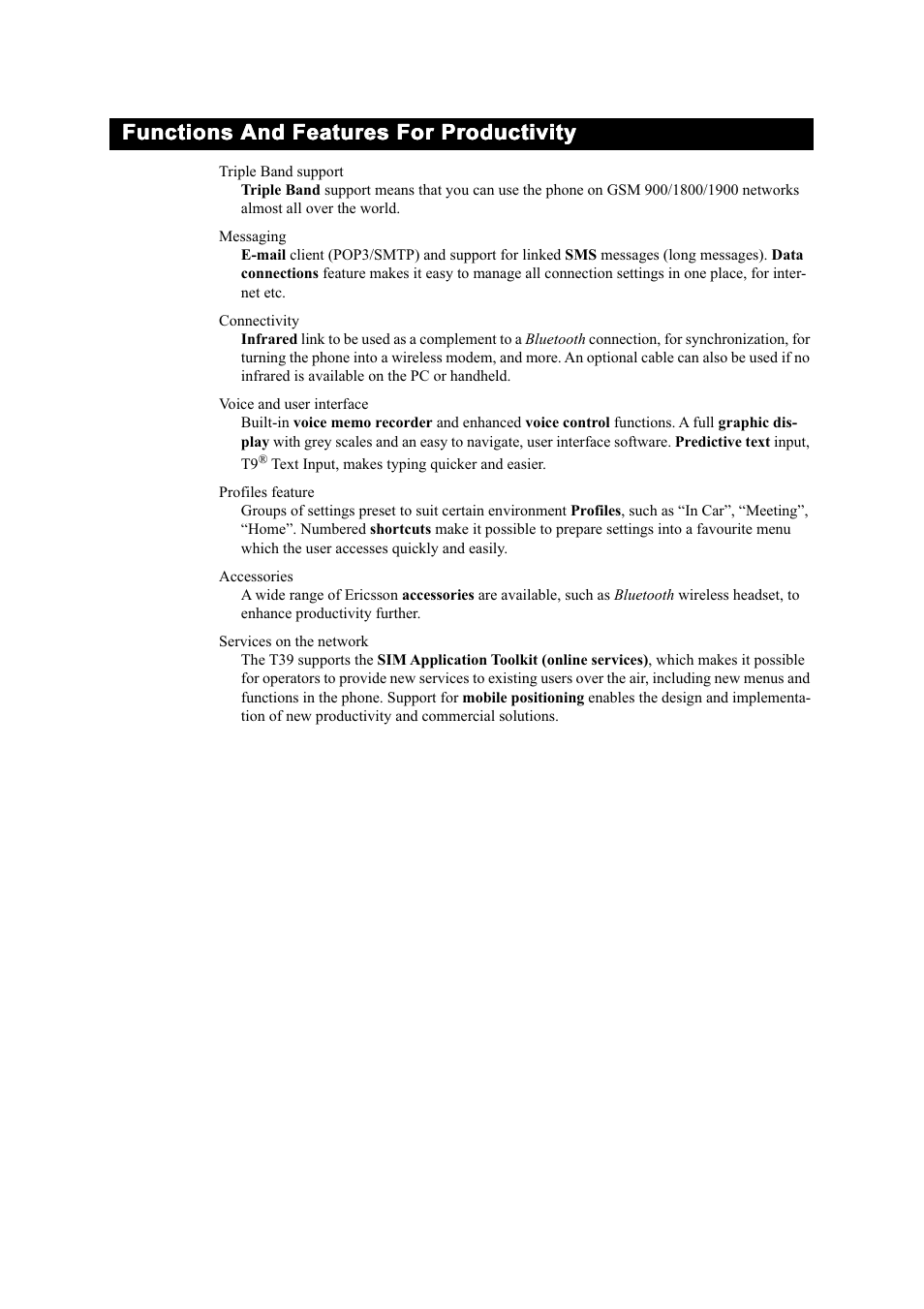Functions and features for productivity | Ericsson T39 User Manual | Page 7 / 59