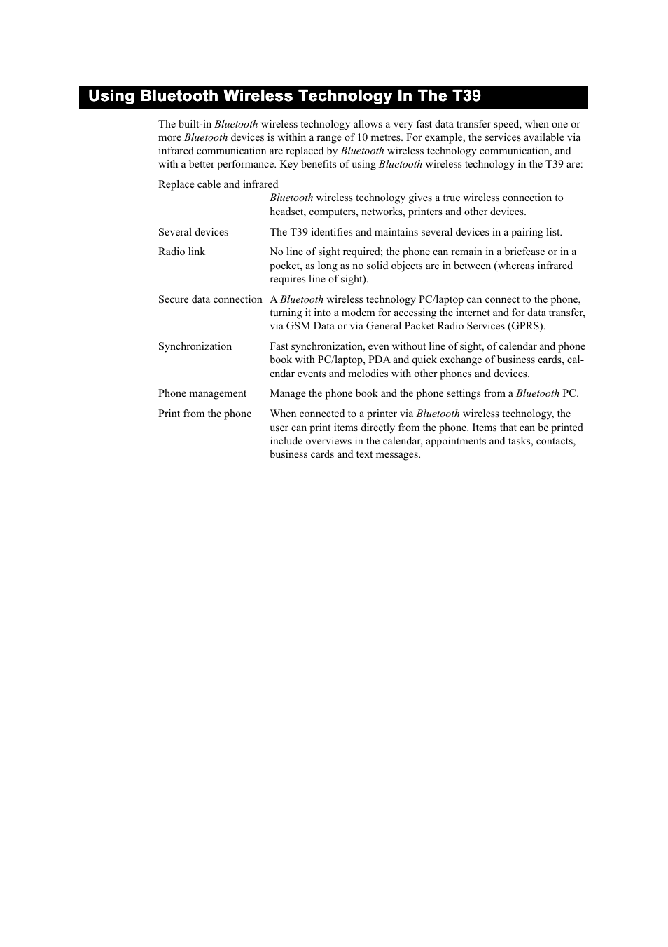 Using bluetooth wireless technology in the t39 | Ericsson T39 User Manual | Page 9 / 59