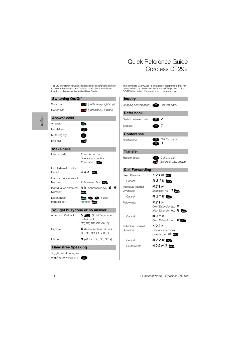 English, Quick reference guide cordless dt292 | Ericsson DT292 User Manual | Page 10 / 40