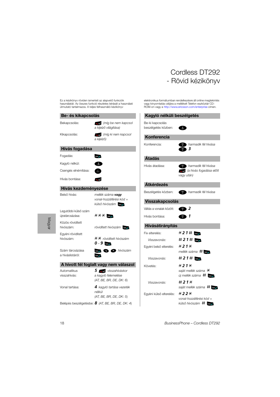 Magyar, Cordless dt292 - rövid kézikönyv | Ericsson DT292 User Manual | Page 18 / 40