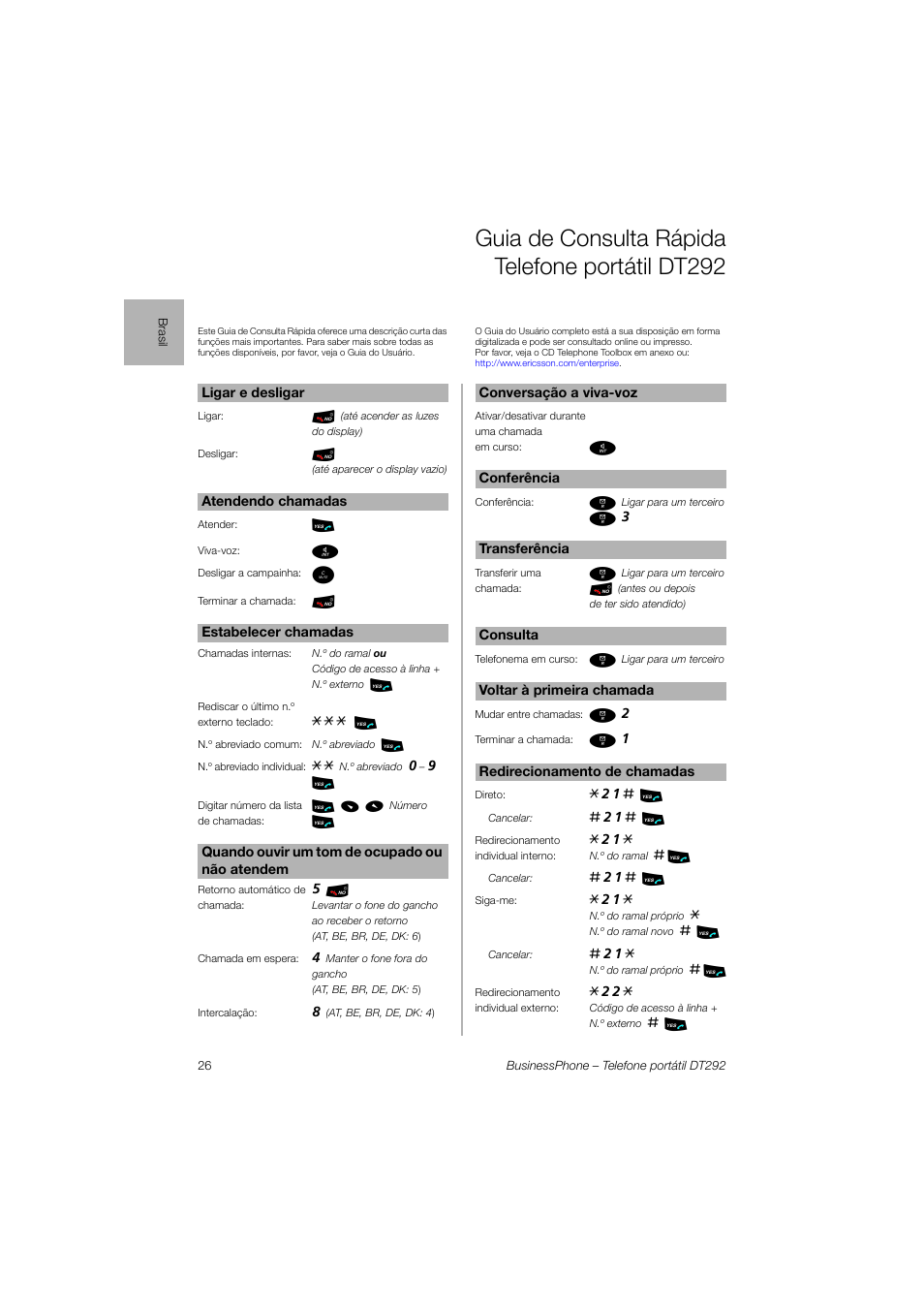 Brasil, Guia de consulta rápida telefone portátil dt292 | Ericsson DT292 User Manual | Page 26 / 40