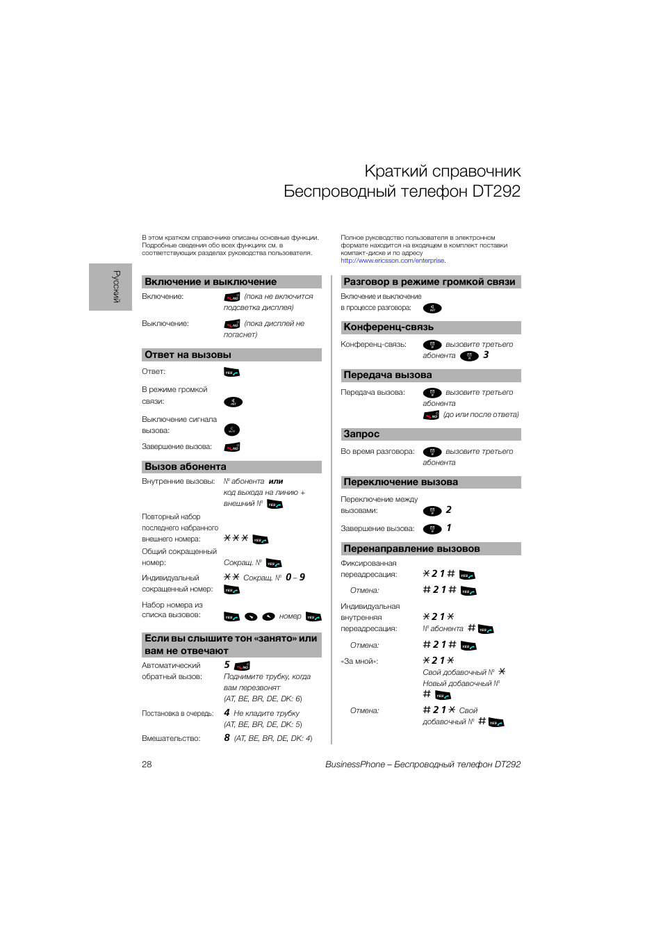 Русский, Краткий справочник беспроводный телефон dt292 | Ericsson DT292 User Manual | Page 28 / 40