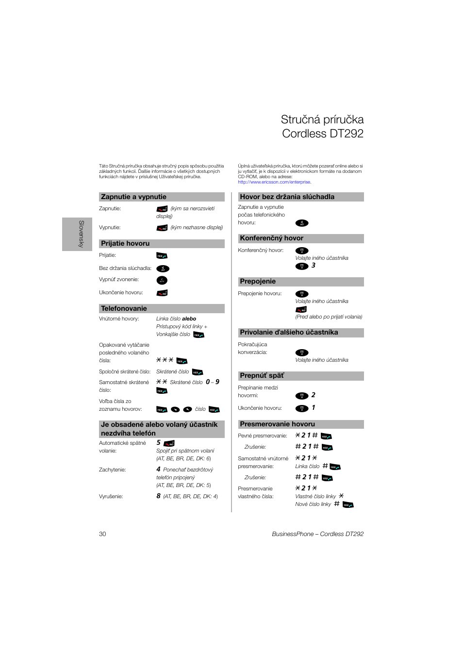 Slovensky, Stručná príručka cordless dt292 | Ericsson DT292 User Manual | Page 30 / 40