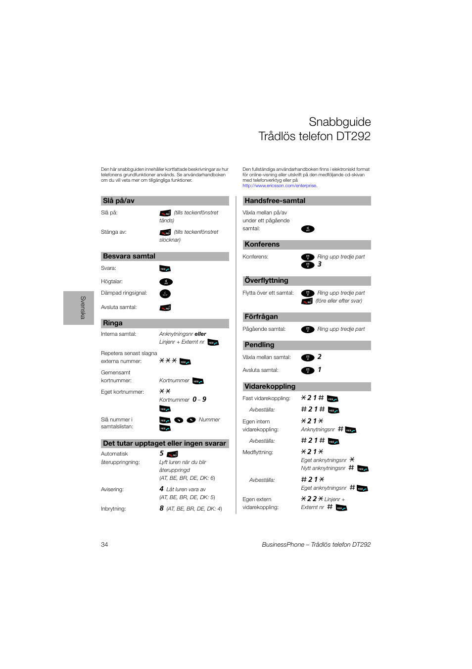 Svenska, Snabbguide trådlös telefon dt292 | Ericsson DT292 User Manual | Page 34 / 40