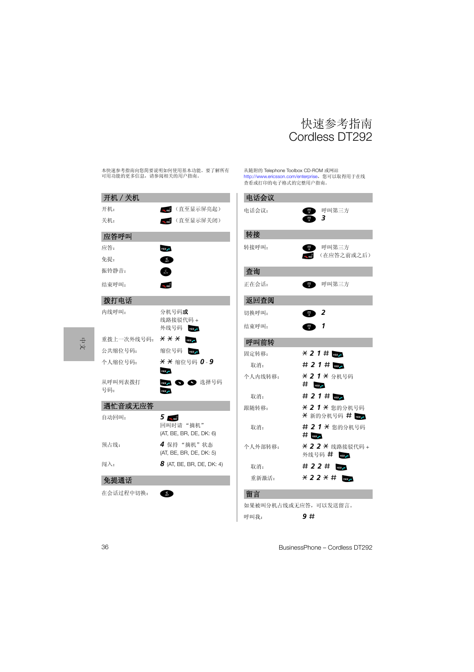 快速参考指南 cordless dt292 | Ericsson DT292 User Manual | Page 36 / 40