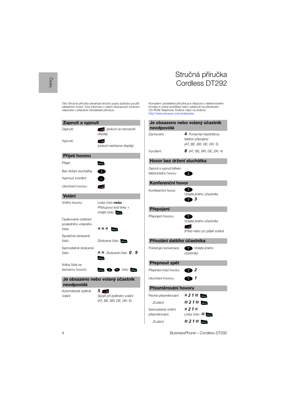 Česky, Stručná příručka cordless dt292 | Ericsson DT292 User Manual | Page 4 / 40