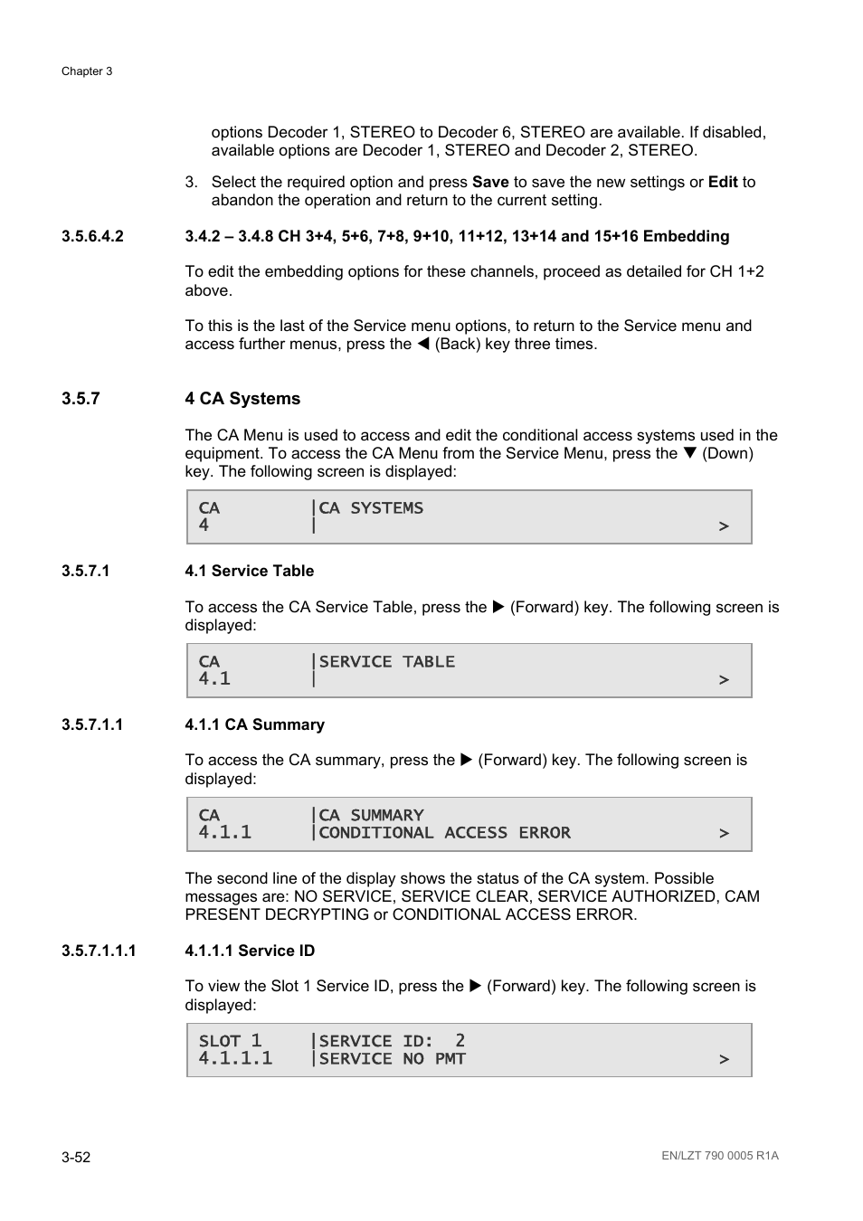 7 4 ca systems, 1 4.1 service table, 1 4.1.1 ca summary | 4 ca systems -52, 1 service table -52 | Ericsson RX8000 Series User Manual | Page 100 / 236
