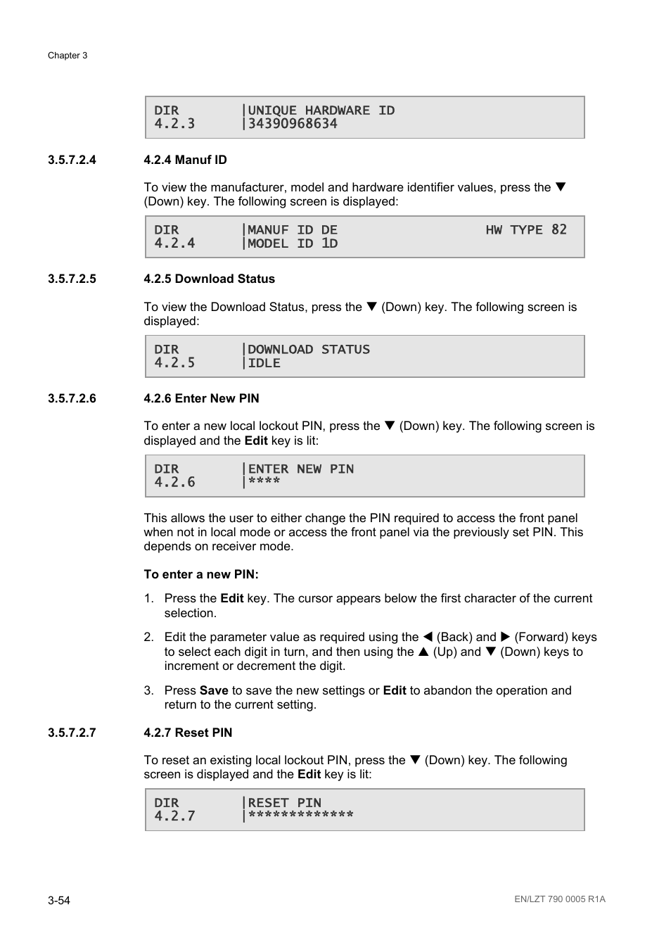 4 4.2.4 manuf id, 5 4.2.5 download status, 6 4.2.6 enter new pin | 7 4.2.7 reset pin | Ericsson RX8000 Series User Manual | Page 102 / 236