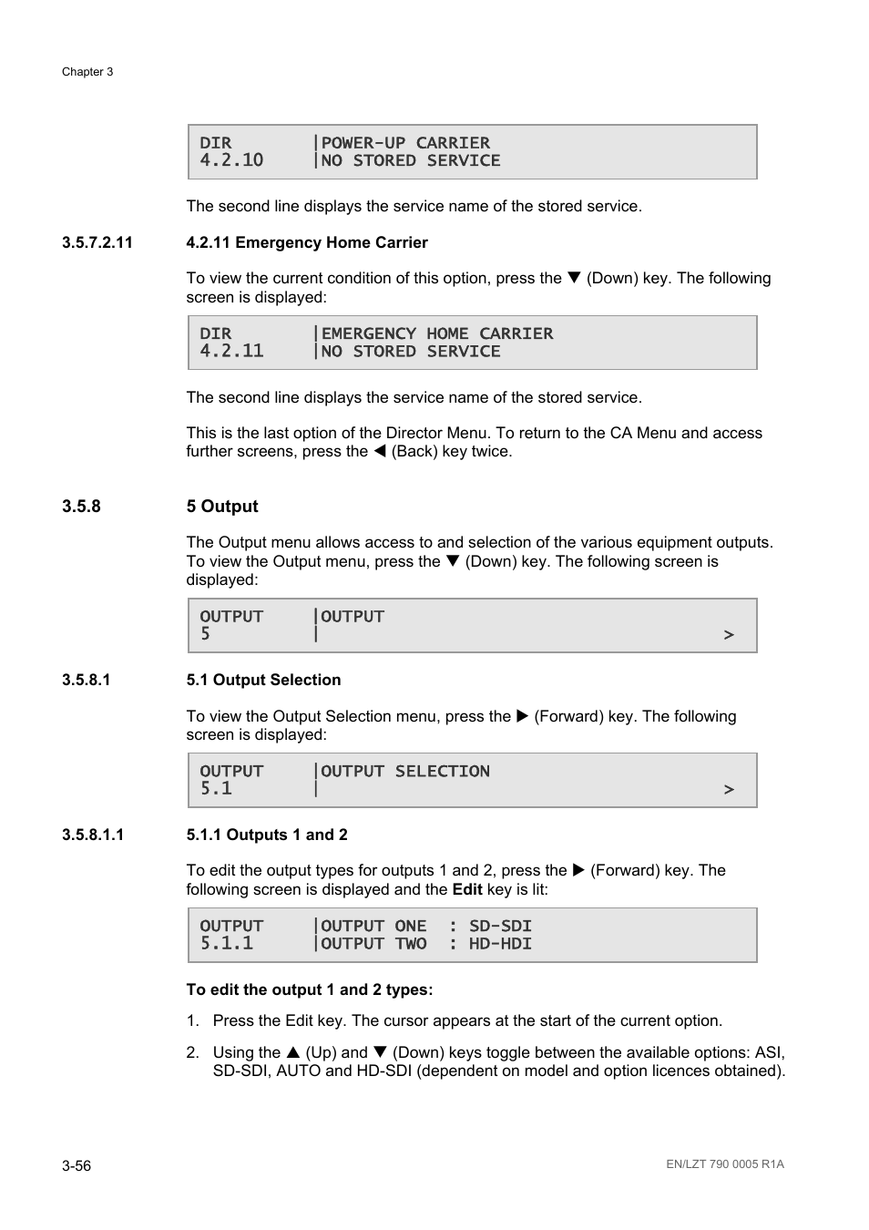 11 4.2.11 emergency home carrier, 8 5 output, 1 5.1 output selection | 1 5.1.1 outputs 1 and 2, 5 output -56, 1 output selection -56 | Ericsson RX8000 Series User Manual | Page 104 / 236