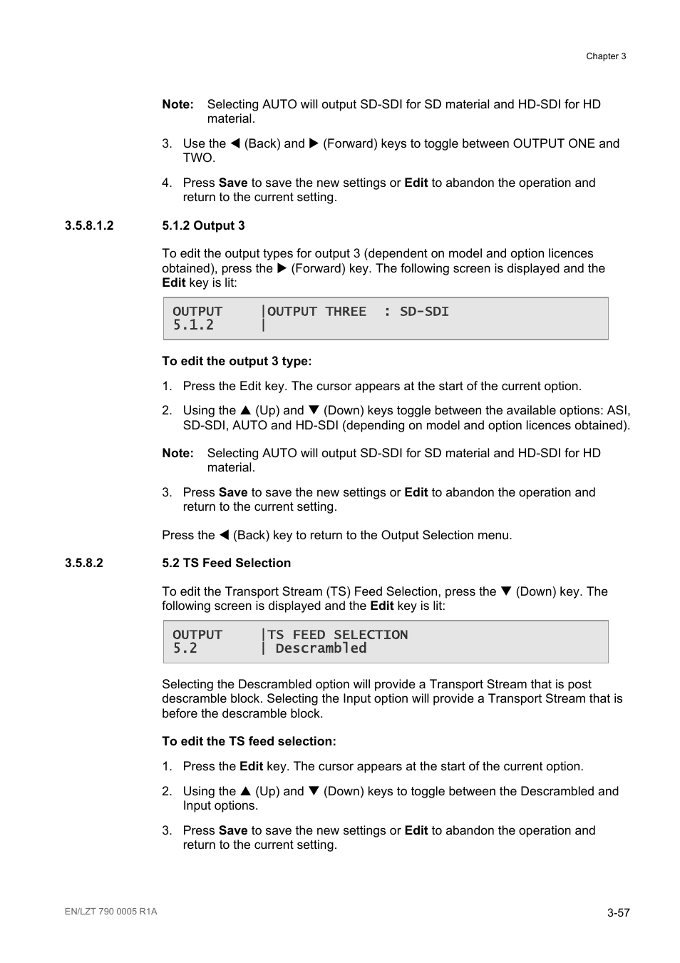 2 5.1.2 output 3, 2 5.2 ts feed selection, 2 ts feed selection -57 | Ericsson RX8000 Series User Manual | Page 105 / 236