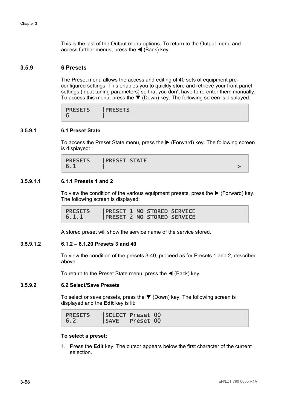 9 6 presets, 1 6.1 preset state, 1 6.1.1 presets 1 and 2 | 2 6.1.2 – 6.1.20 presets 3 and 40, 2 6.2 select/save presets, 6 presets -58, 1 preset state -58, 2 select/save presets -58 | Ericsson RX8000 Series User Manual | Page 106 / 236