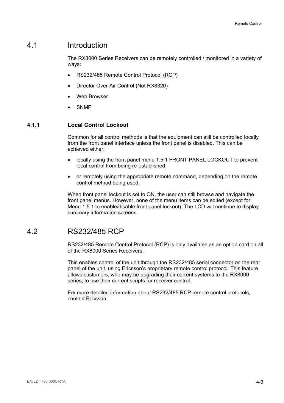 1 introduction, 1 local control lockout, 2 rs232/485 rcp | Introduction -3, Local control lockout -3, Rs232/485 rcp -3 | Ericsson RX8000 Series User Manual | Page 111 / 236