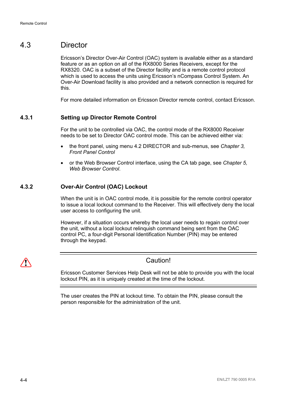3 director, 1 setting up director remote control, 2 over-air control (oac) lockout | Director -4, Setting up director remote control -4, Over-air control (oac) lockout -4, Caution | Ericsson RX8000 Series User Manual | Page 112 / 236