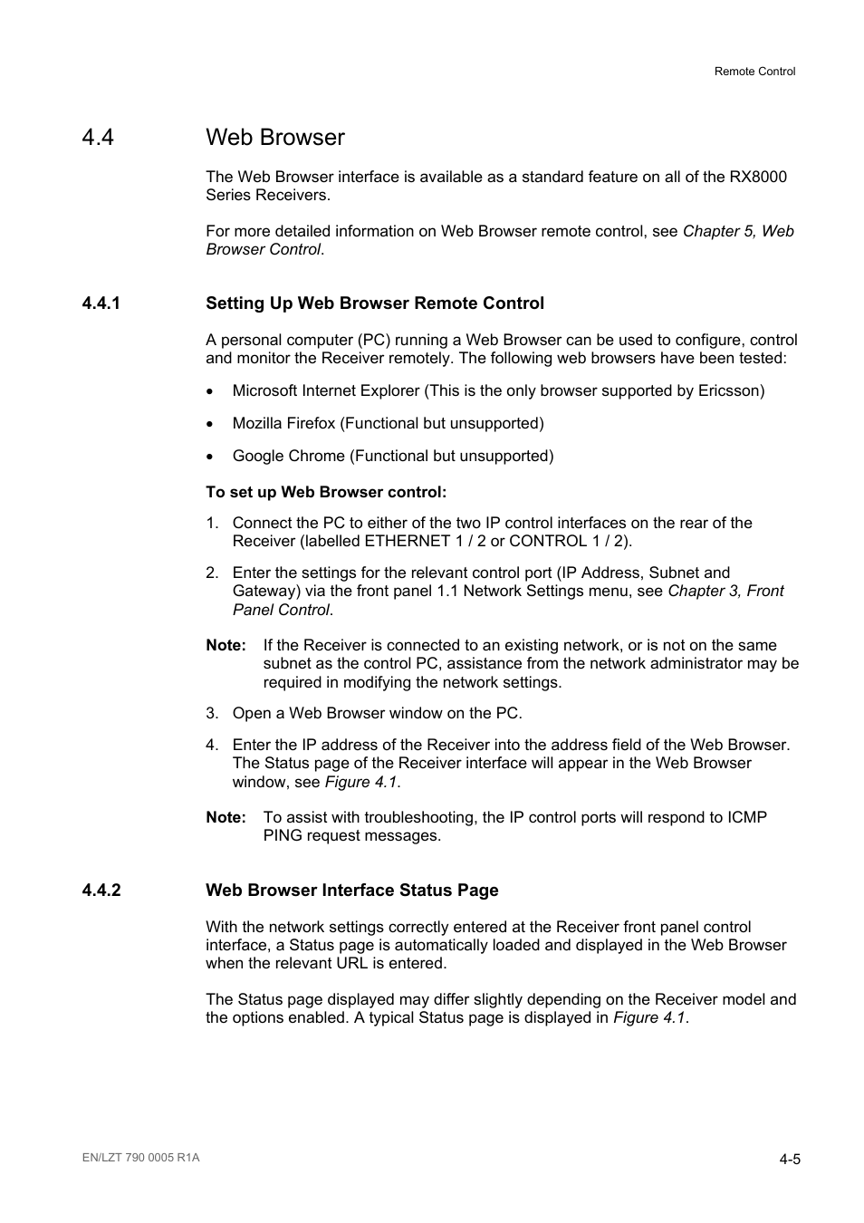 4 web browser, 1 setting up web browser remote control, Web browser -5 | Setting up web browser remote control -5 | Ericsson RX8000 Series User Manual | Page 113 / 236