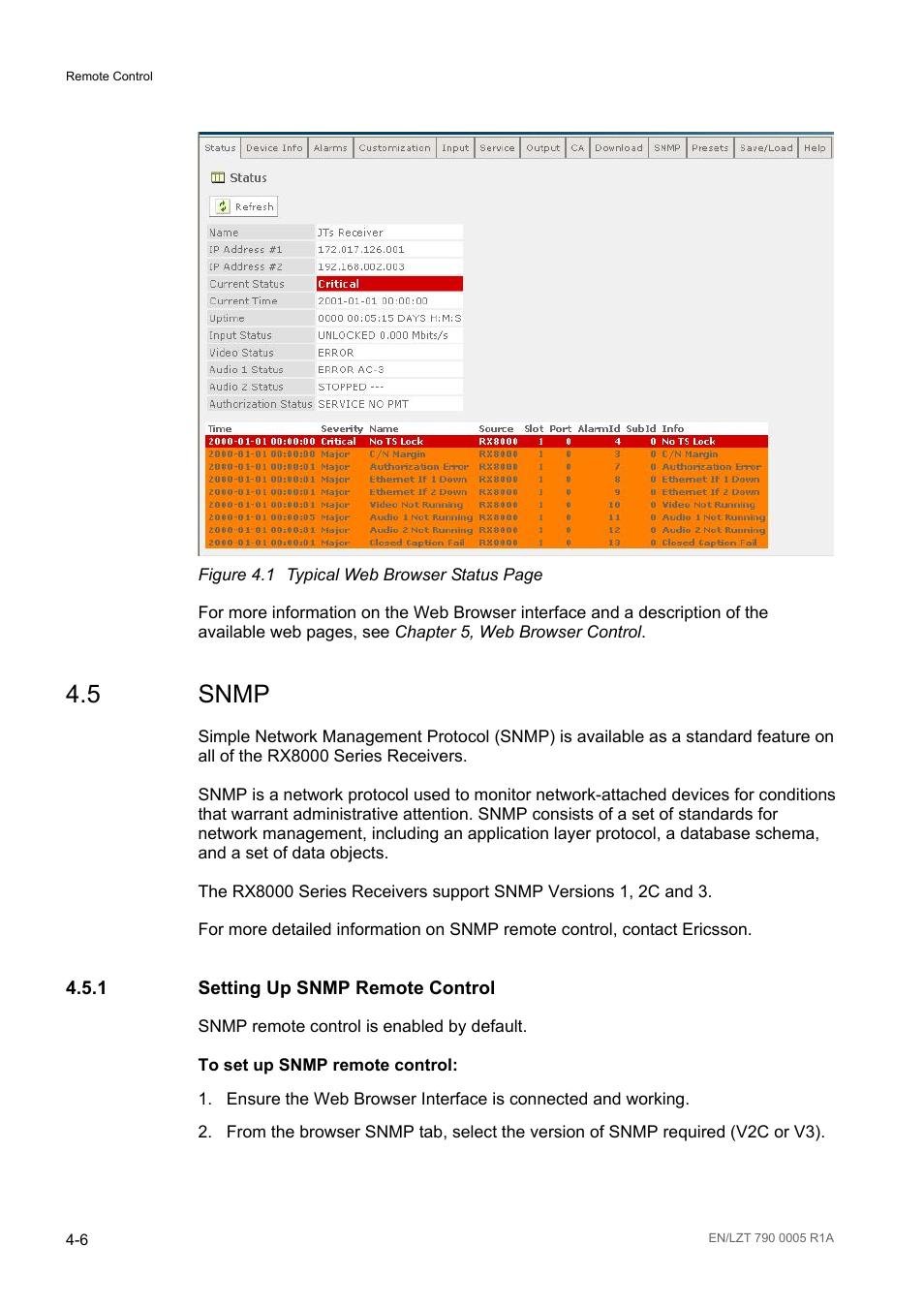 5 snmp, 1 setting up snmp remote control, Snmp -6 | Setting up snmp remote control -6, Figure 4.1 | Ericsson RX8000 Series User Manual | Page 114 / 236