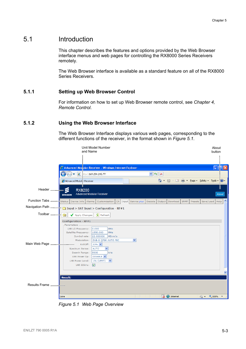 1 introduction, 1 setting up web browser control, 2 using the web browser interface | Introduction -3, Setting up web browser control -3, Using the web browser interface -3, Figure 5.1 | Ericsson RX8000 Series User Manual | Page 119 / 236
