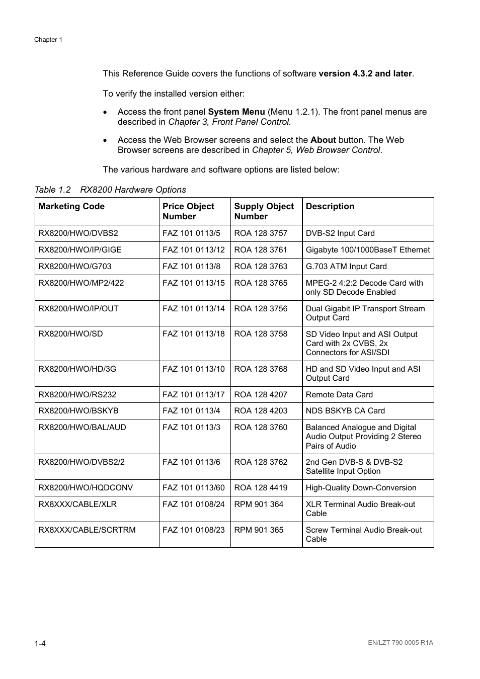 Table 1.2, Rx8200 hardware options -4 | Ericsson RX8000 Series User Manual | Page 12 / 236