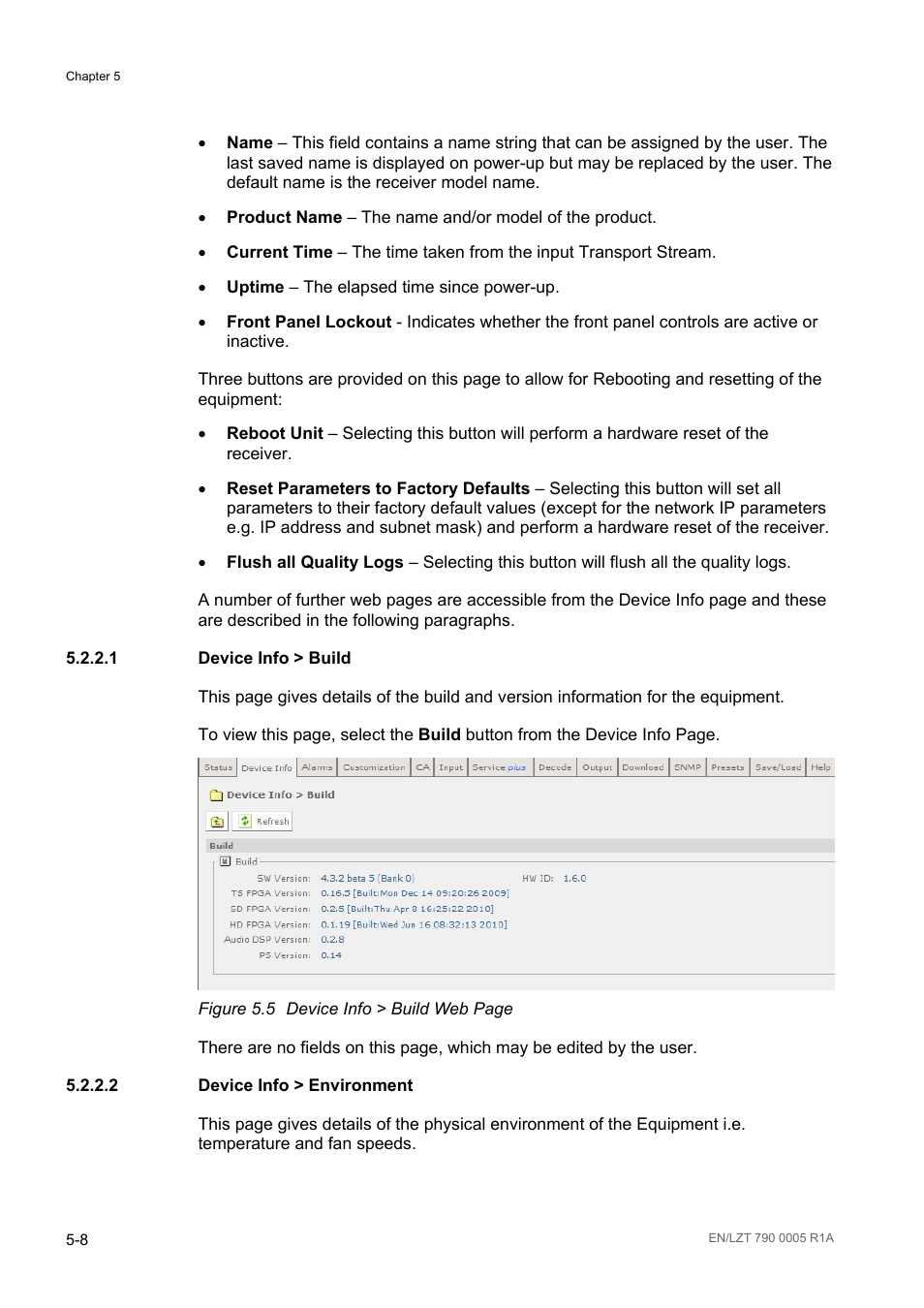 1 device info > build, 2 device info > environment, Device info > build -8 | Device info > environment -8, Figure 5.5 | Ericsson RX8000 Series User Manual | Page 124 / 236