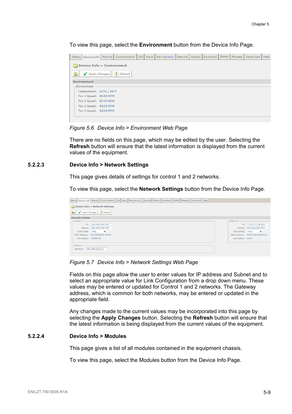 3 device info > network settings, 4 device info > modules, Device info > network settings -9 | Device info > modules -9, Figure 5.6, Figure 5.7 | Ericsson RX8000 Series User Manual | Page 125 / 236