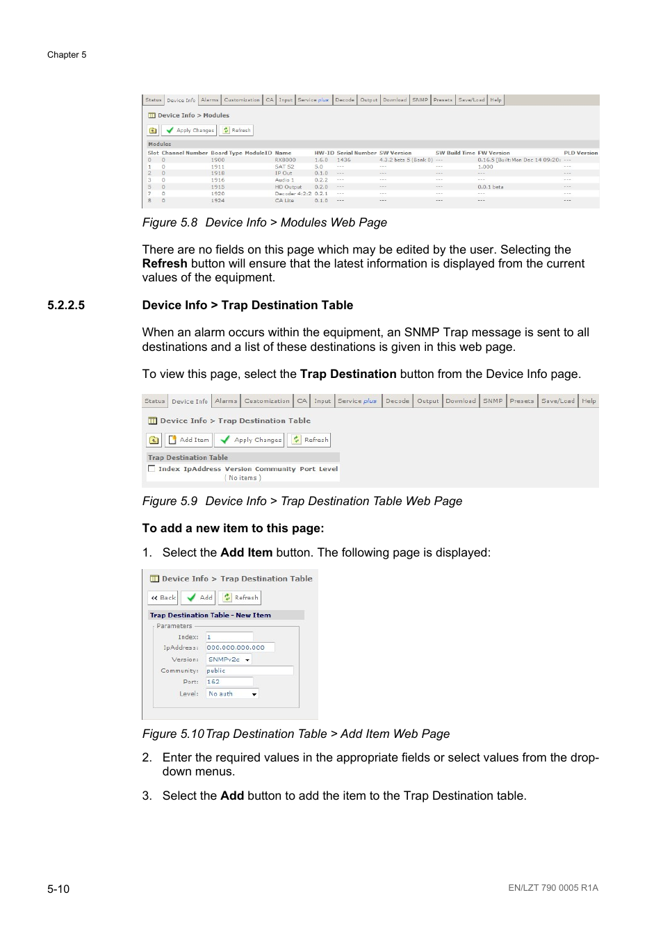 5 device info > trap destination table, Device info > trap destination table -10, Figure 5.8 | Figure 5.9, Figure 5.10 | Ericsson RX8000 Series User Manual | Page 126 / 236