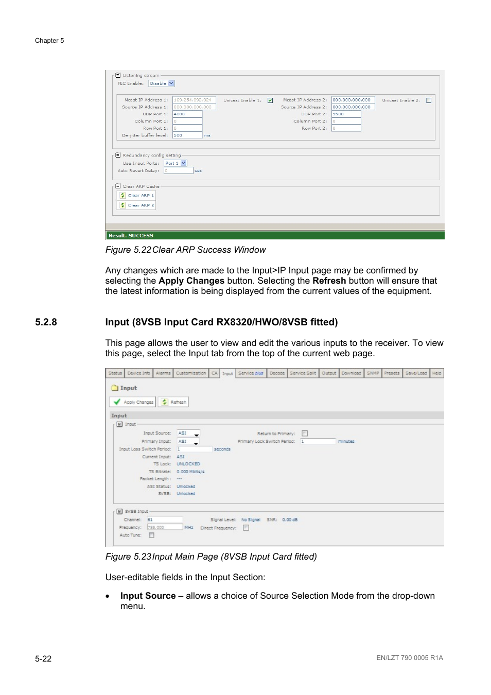 8 input (8vsb input card rx8320/hwo/8vsb fitted), Input (8vsb input card rx8320/hwo/8vsb fitted) -22, Figure 5.22 | Clear arp success window -22, Figure 5.23 | Ericsson RX8000 Series User Manual | Page 138 / 236
